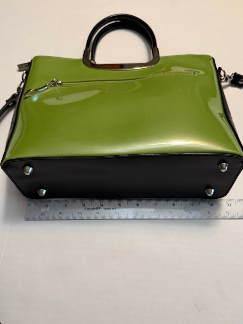 Beijo Vintage Y2K Lime Green/Black Patent Satchel Crossbody Bag Metal Handle - Picture 6 of 13